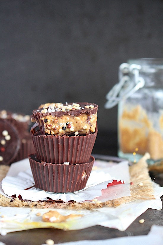 Salted Dark Chocolate Almond Butter Cups with Crispy Quinoa